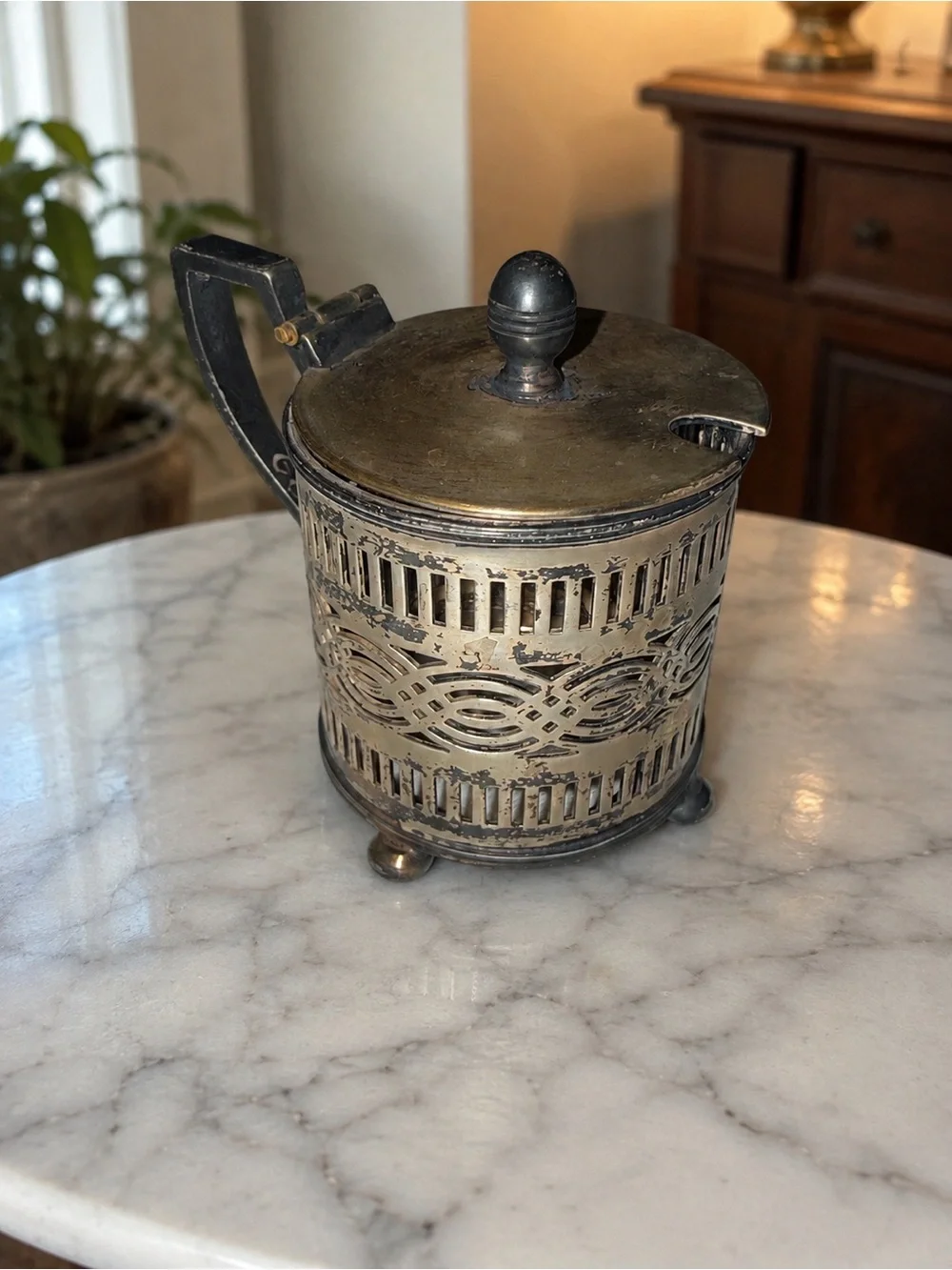 Antique Pierced Silverplate Mustard Pot Hinged Lid Tripod Feet No Liner